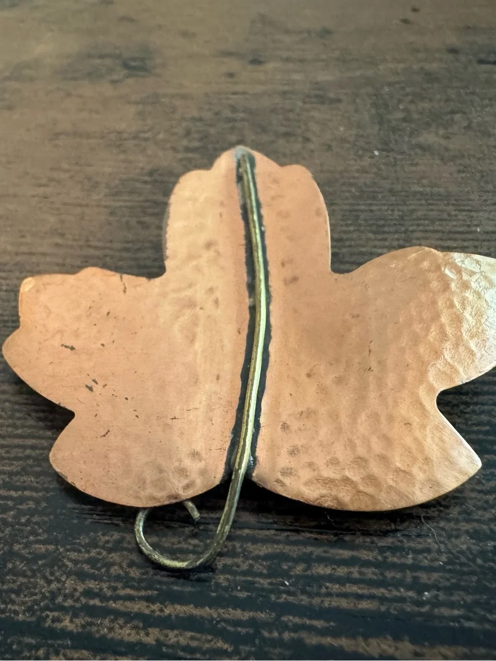 Vintage Hallmark Hammered Copper Tone Leaf Brooch with Dark Central Stripe, Fall